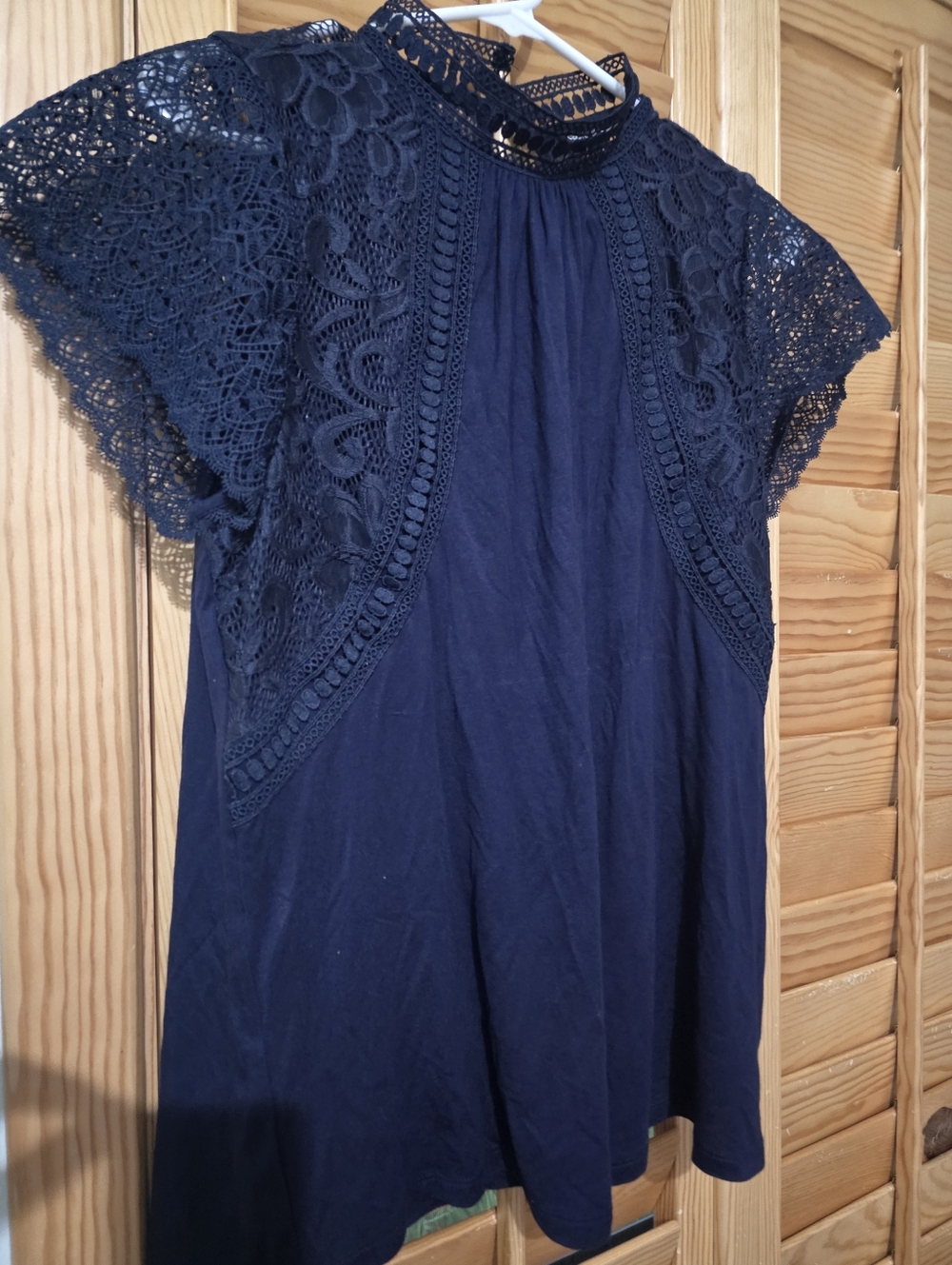 Cable & Gauge Navy Crochet Lace High Neck Blouse